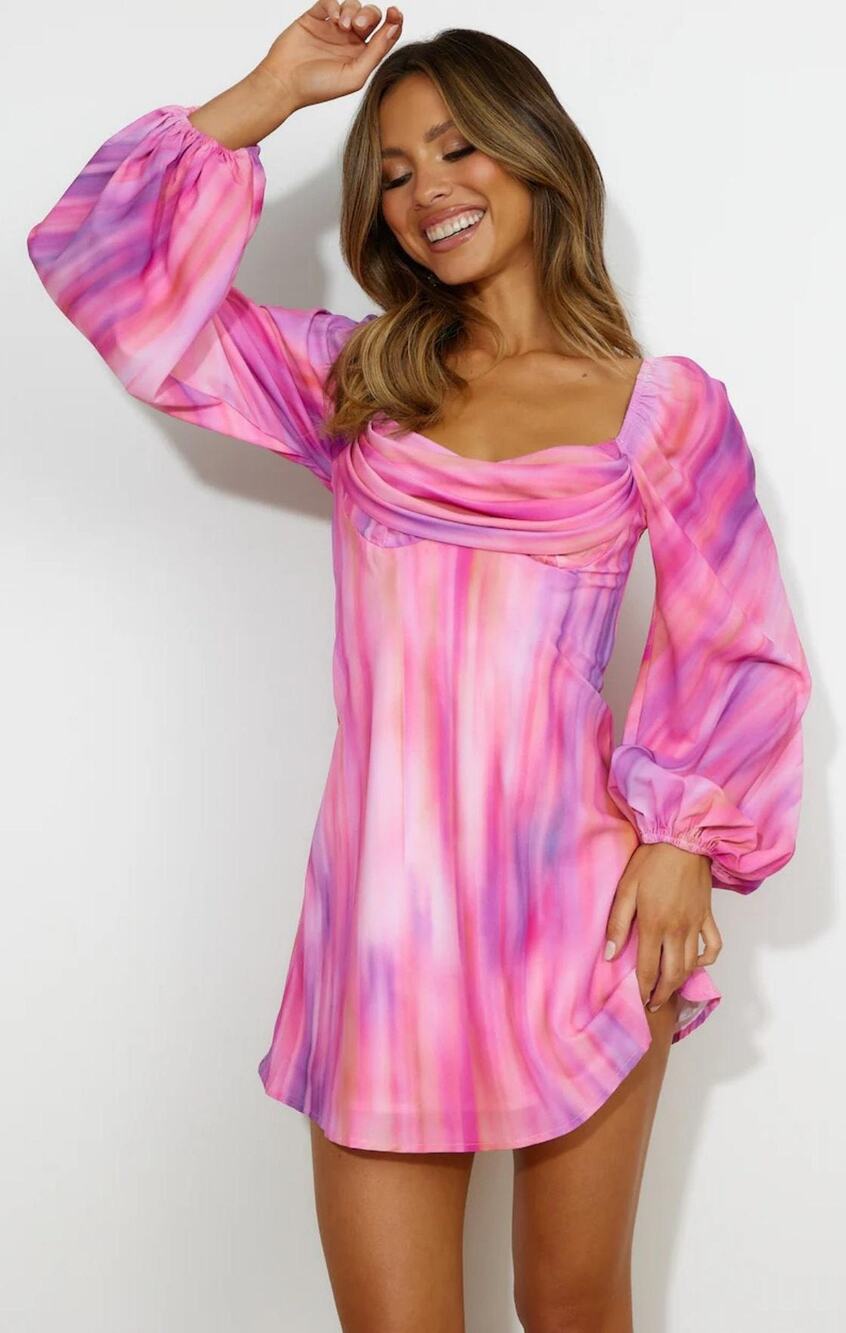 Hello Molly Dress Women's 8 Pink Purple Watercolor Cowl Neck Balloon Sleeve Mini